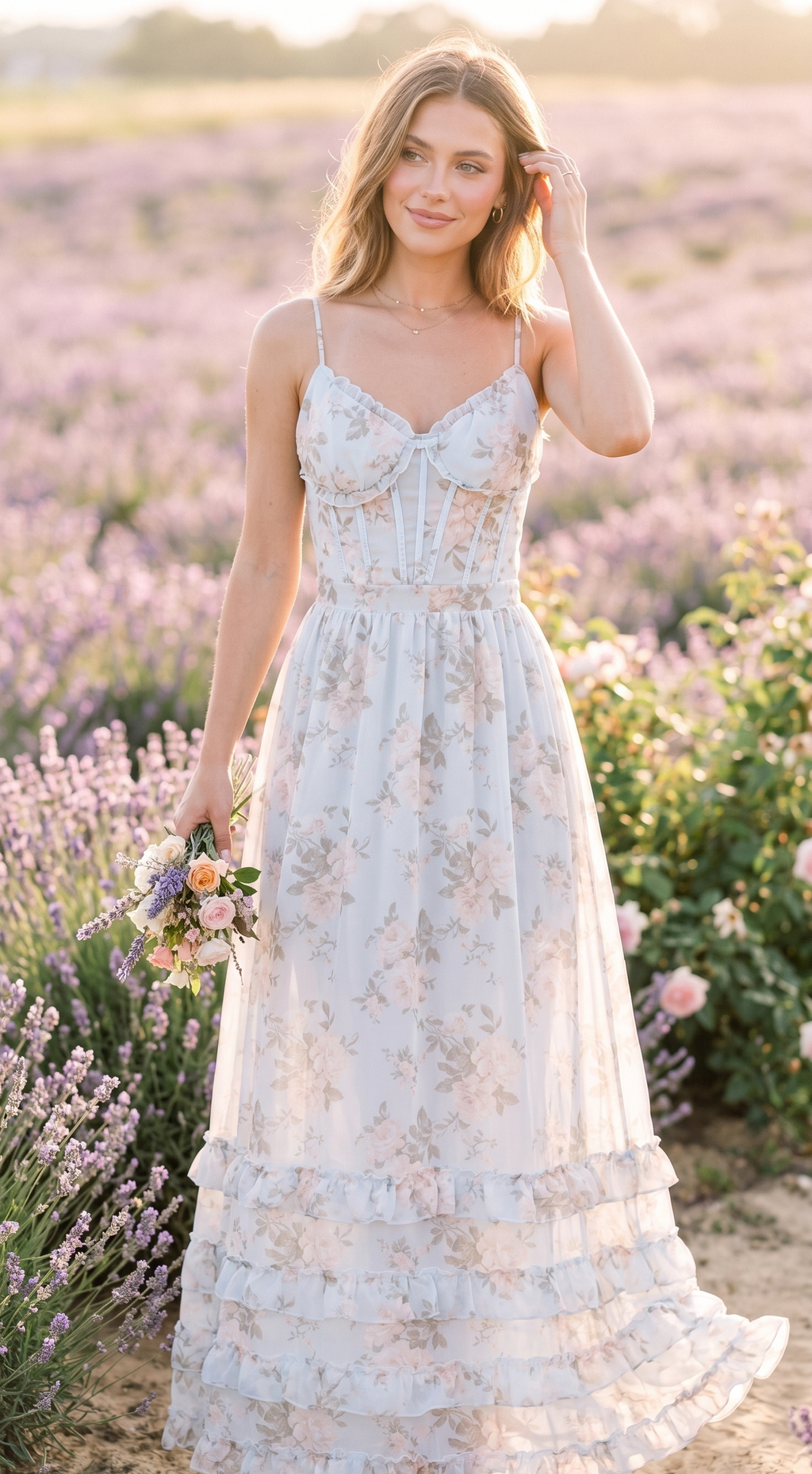 Élise | Vestido maxi floral con cuerpo corsé y volantes