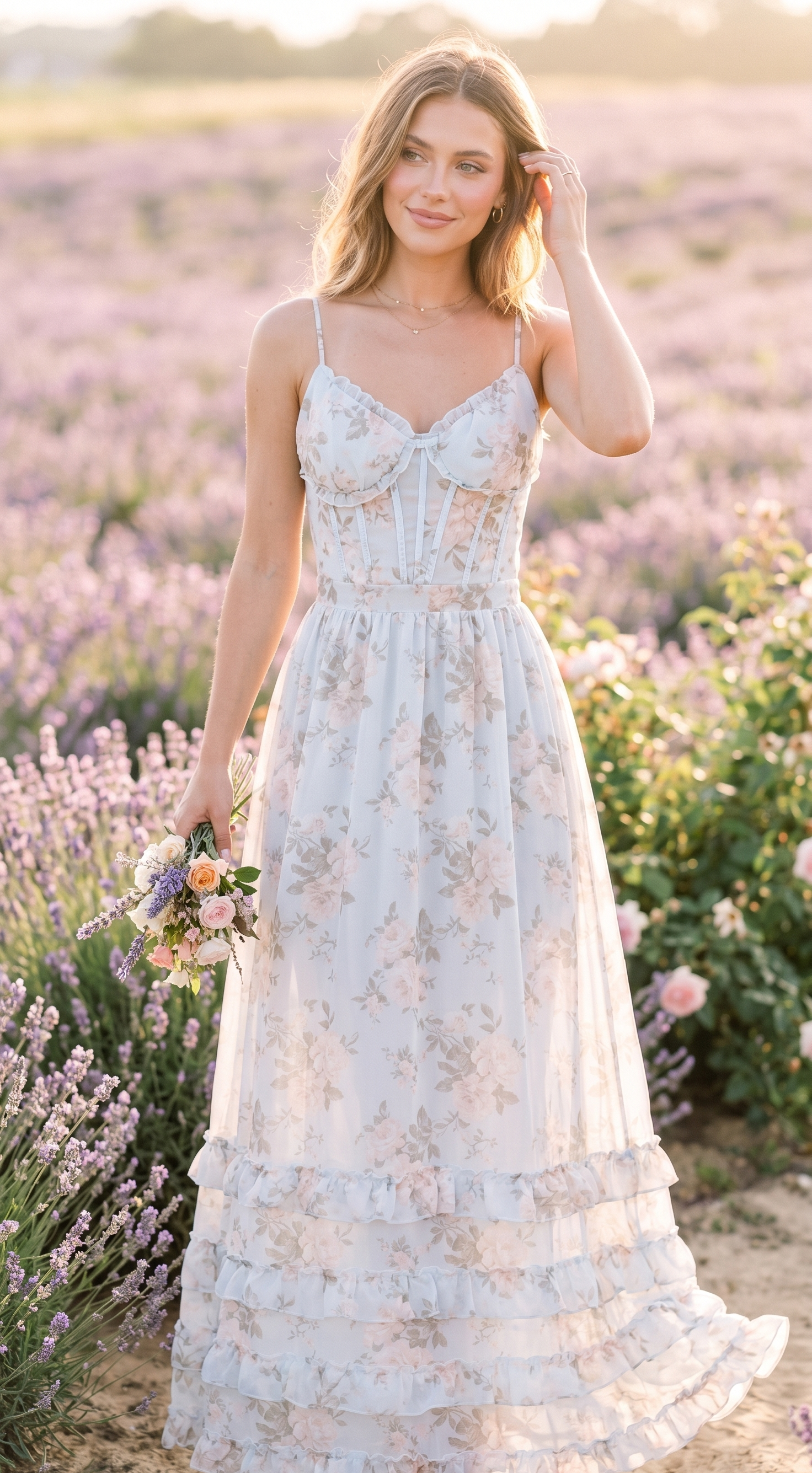 Élise | Vestido maxi floral con cuerpo corsé y volantes