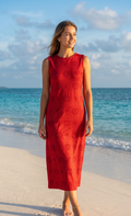 Carmesí | Vestido midi texturizado con bordado floral