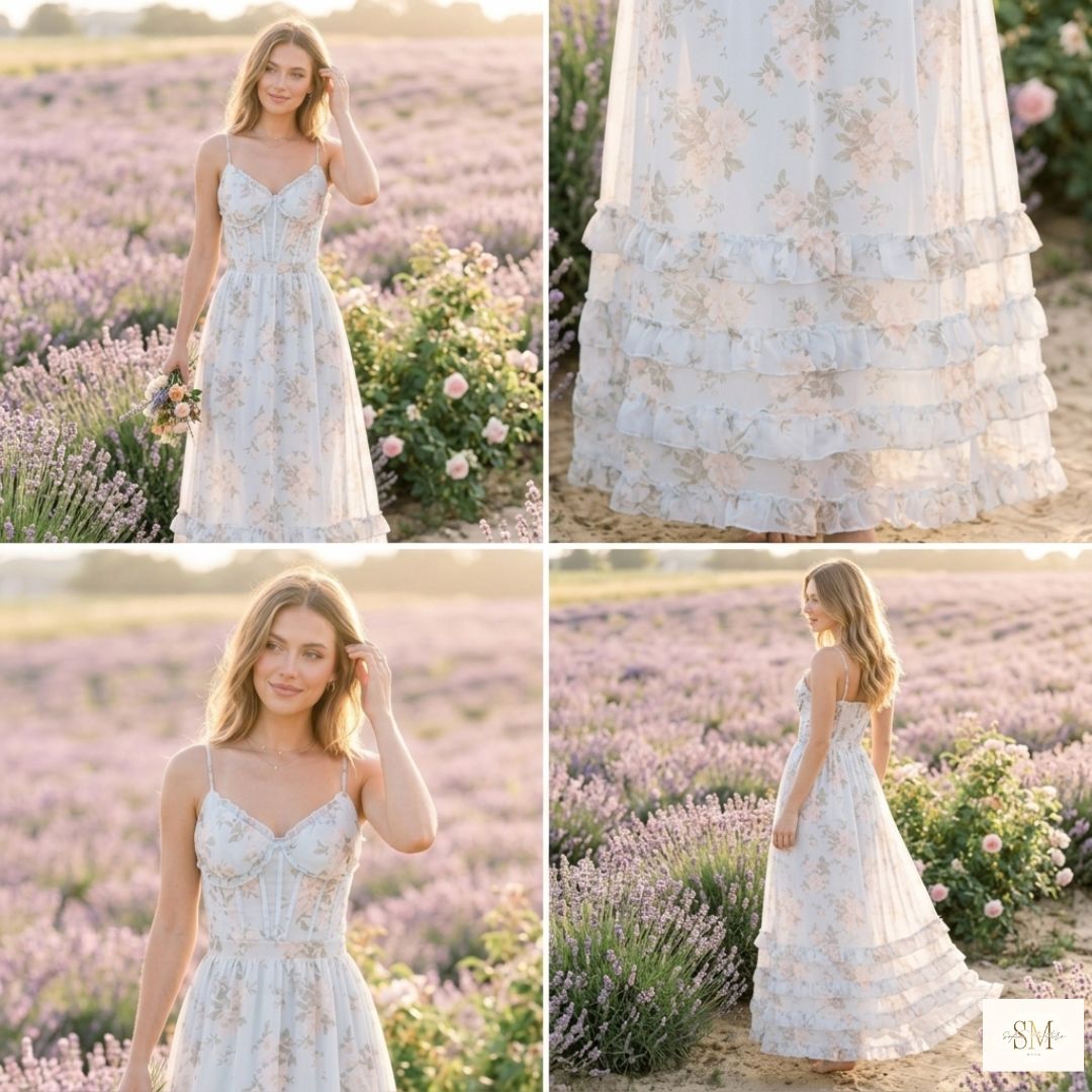 Élise | Vestido maxi floral con cuerpo corsé y volantes