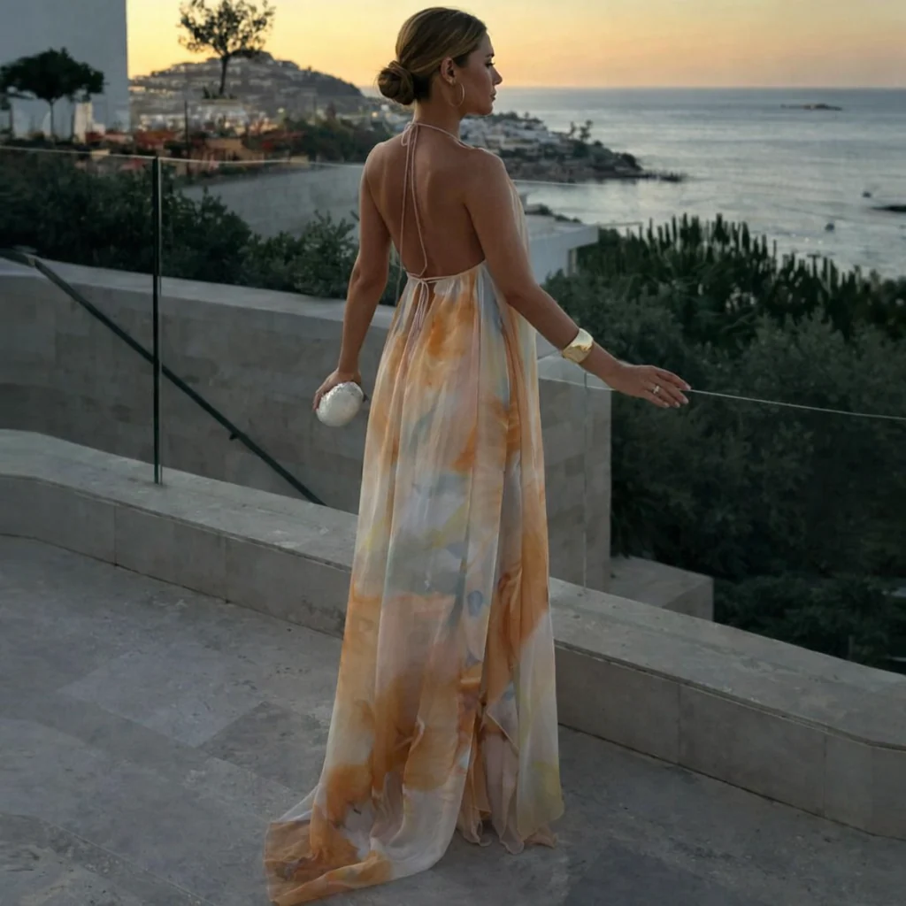 Etérea | Vestido maxi halter con estampado degradado