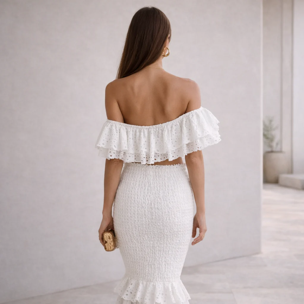 Romantica | Conjunto top con volantes y falda midi de encaje