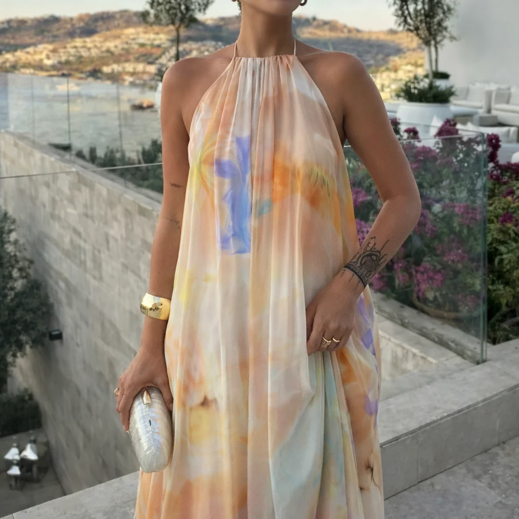 Etérea | Vestido maxi halter con estampado degradado