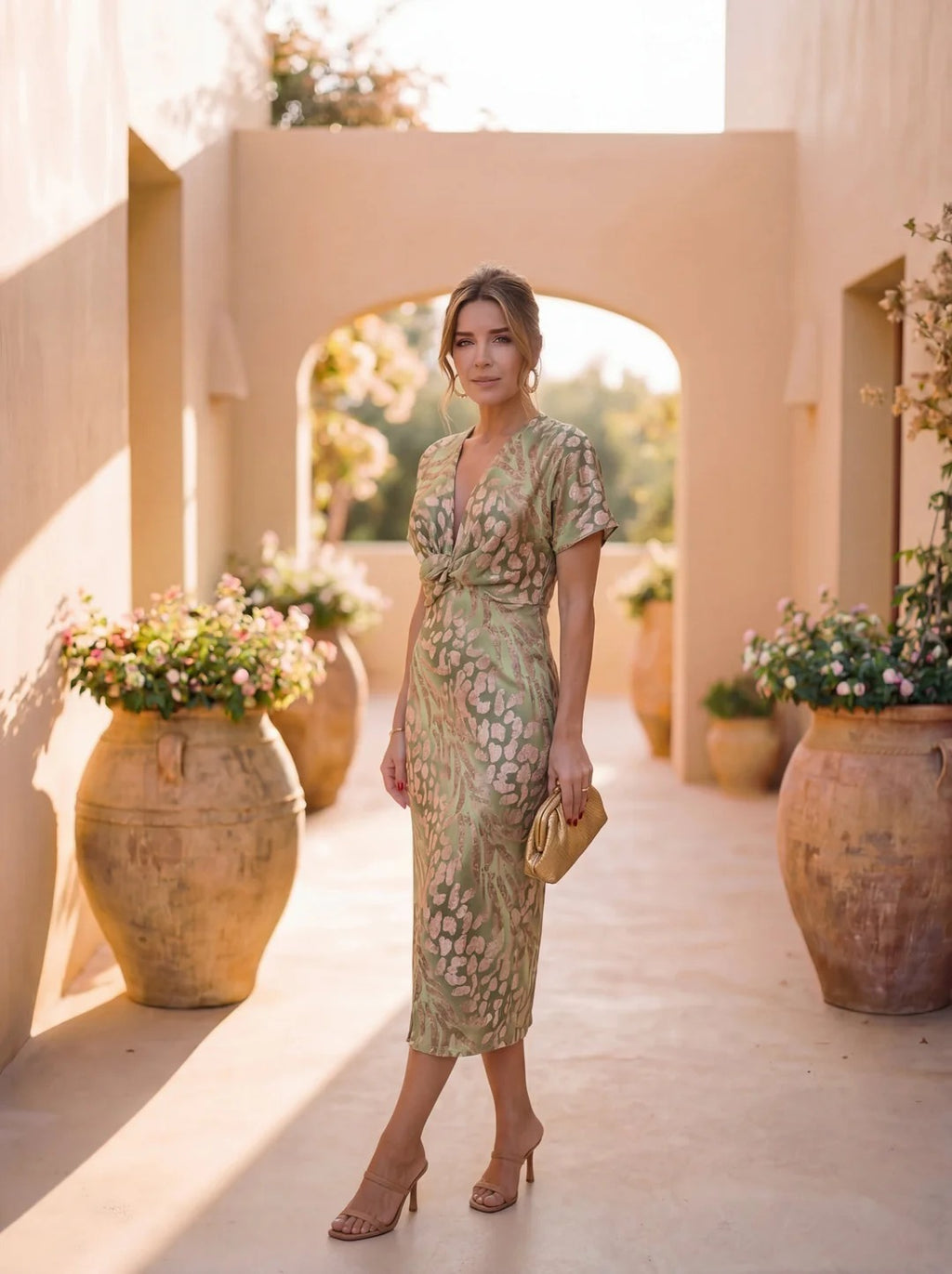 Cobre | Vestido midi cruzado con lazo en la cintura
