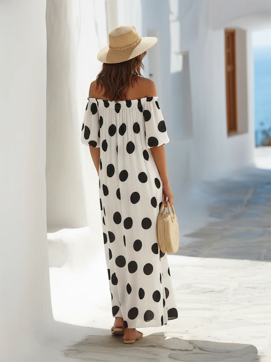 Lunares | Vestido largo de satén con estampado de lunares