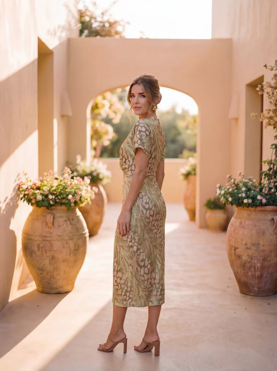 Cobre | Vestido midi cruzado con lazo en la cintura