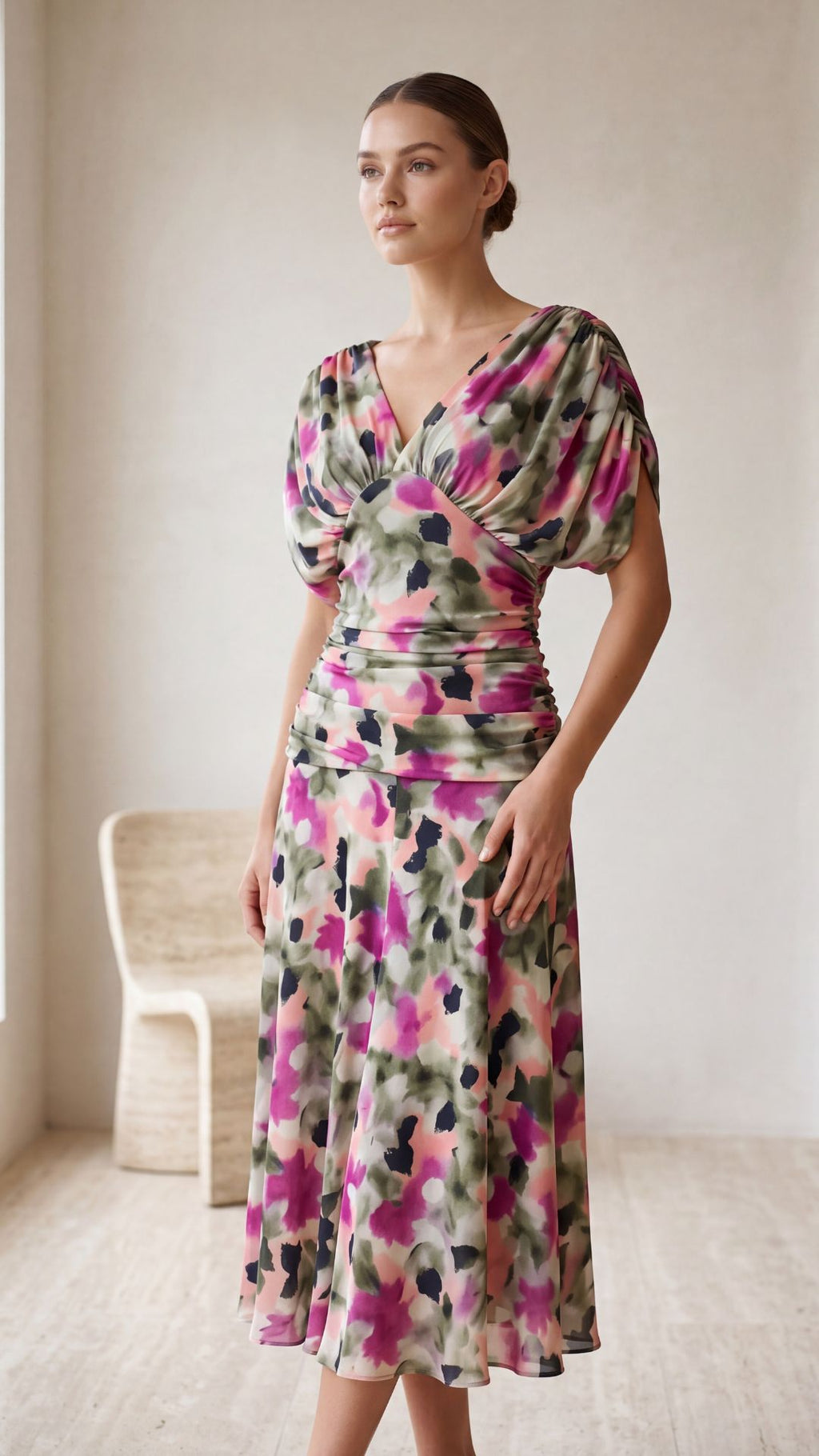 Aquarelle | Vestido midi drapeado con estampado artístico
