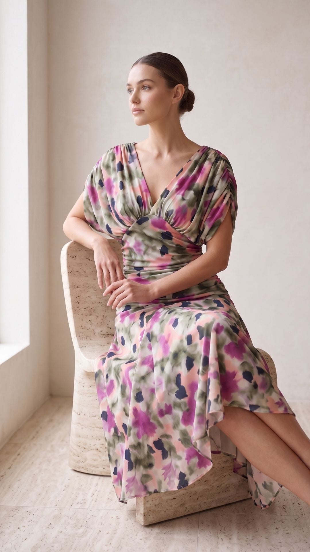 Aquarelle | Vestido midi drapeado con estampado artístico